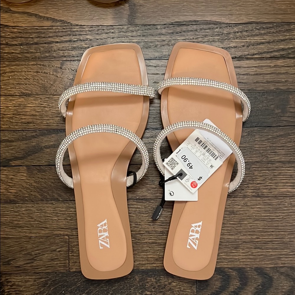 Zara Tan and Silver Sandals with Rhinestone Straps